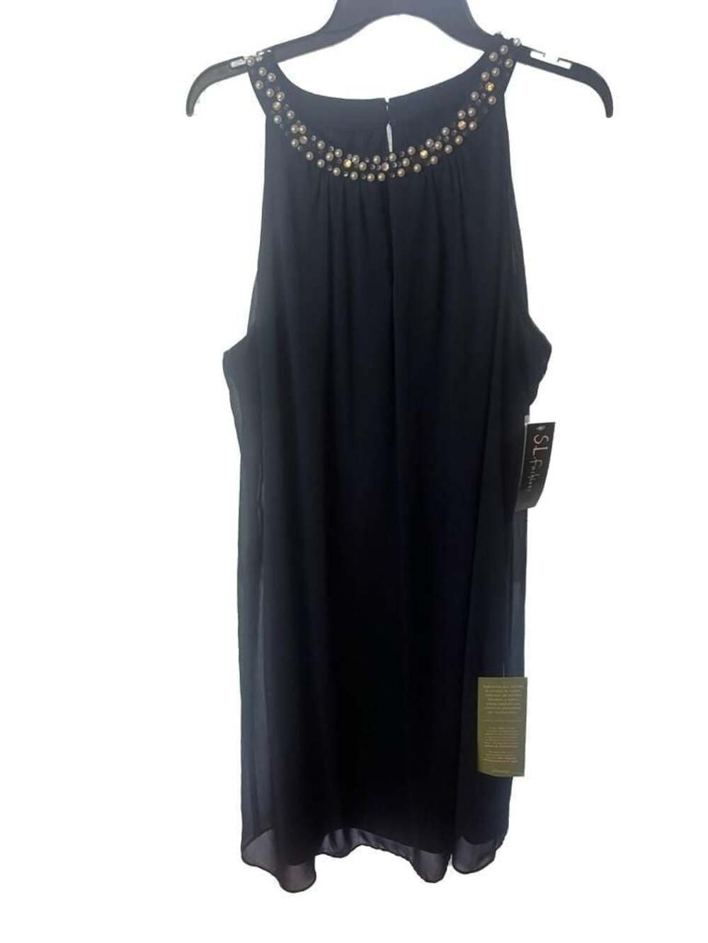 S.L. Fashions Navy Blue Pearl Embellished Round Neck Chiffon Dress Size 18 plus
